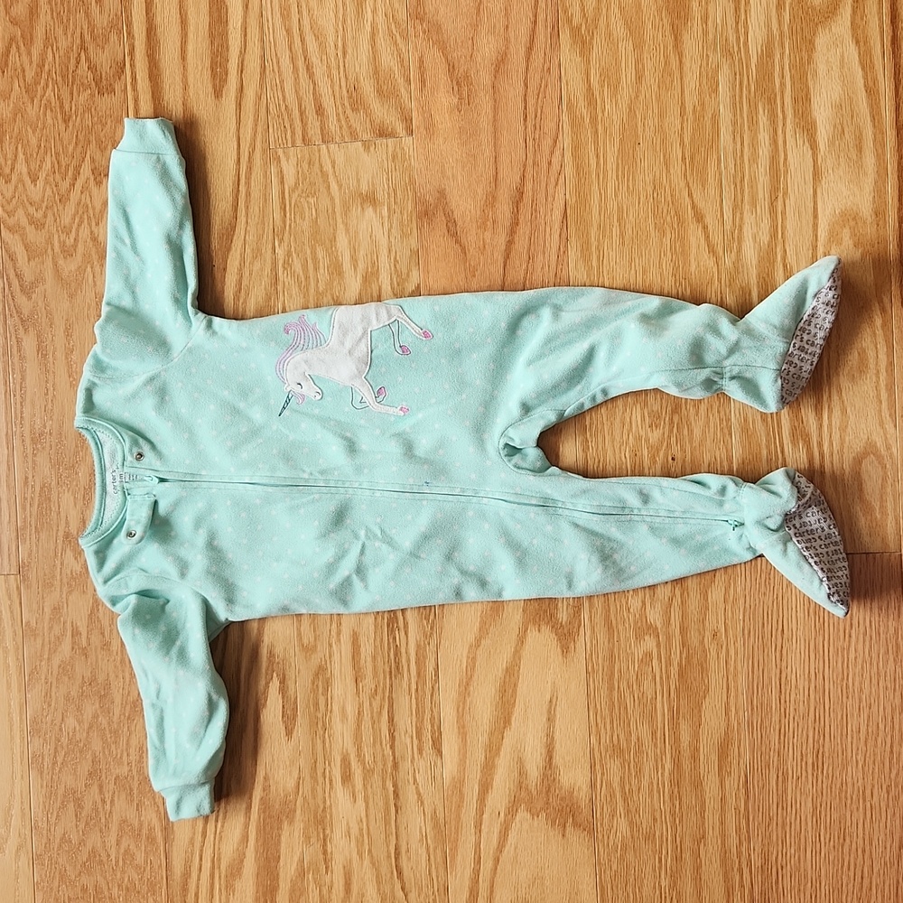Carter's Fleece Footie Sleep & Play Pajamas Green White polka dots 18 months